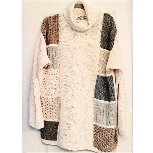 Item & Co Cream and Gray Cotton Cowl Neck Patchwork Sweater Size L / XL - Picture 1 of 8